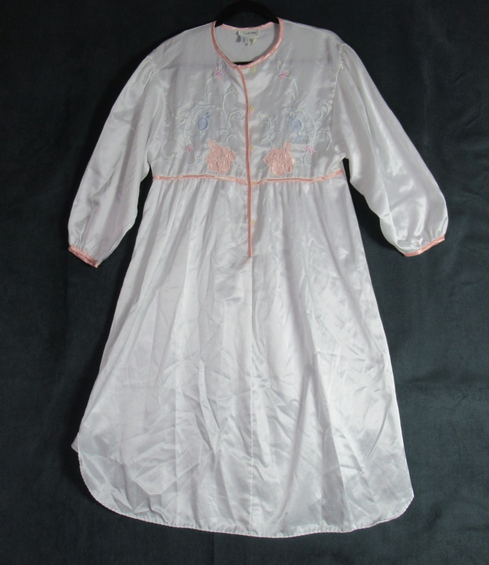Vintage Natori Nightgown Womens 12P White Floral Long Sleeve Sleepwear 90s Saks